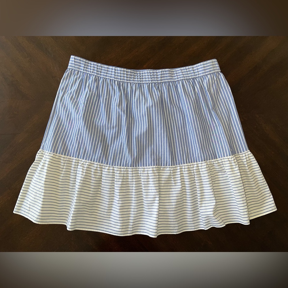 LOFT Medium Blue & White Striped Flared Mini Skirt with Reversed Colored Hem | L